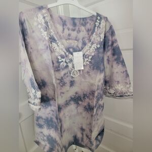 Soft Surroundings Tacoma Top Tunic 3X Sky Blue Embroidered Neckline and Sleeves